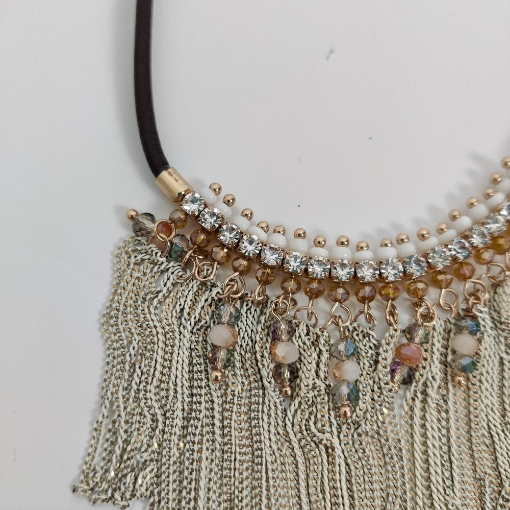 Bohemian Fringe Bib Necklace – Silver and Bead Accents
